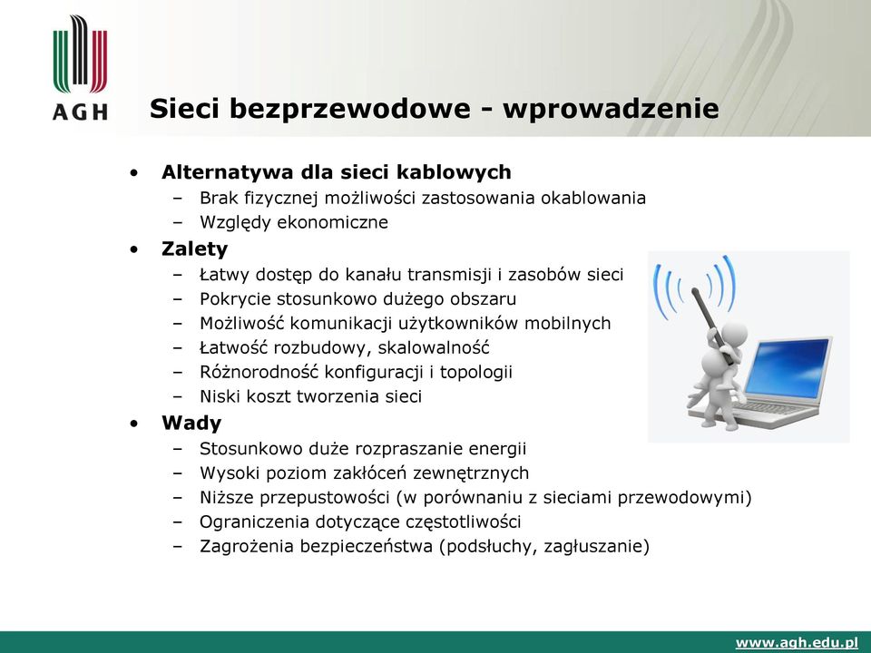 skalowalność Różnorodność konfiguracji i topologii Niski koszt tworzenia sieci Wady Stosunkowo duże rozpraszanie energii Wysoki poziom zakłóceń