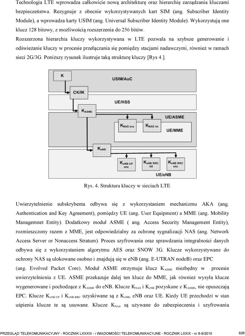 Rozszerzona hierarchia kluczy wykorzystywana w LTE pozwala na szybsze generowanie i odświeżanie kluczy w procesie przełączania się pomiędzy stacjami nadawczymi, również w ramach sieci 2G/3G.
