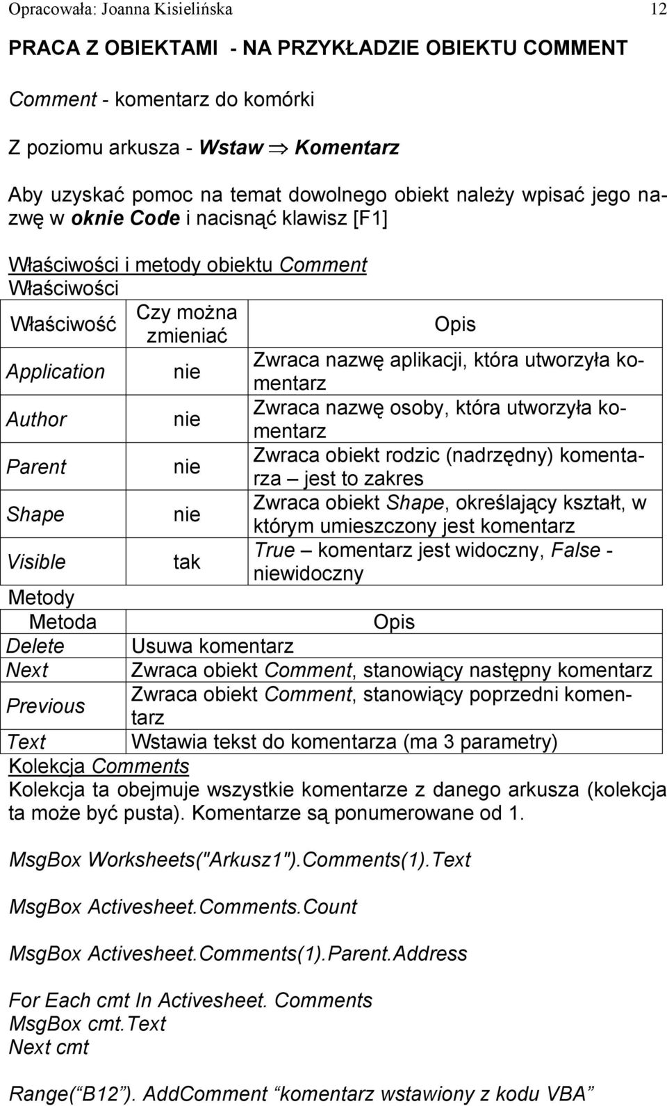 utworzyła komentarz Author nie Zwraca nazwę osoby, która utworzyła komentarz Parent nie Zwraca obiekt rodzic (nadrzędny) komentarza jest to zakres Shape nie Zwraca obiekt Shape, określający kształt,