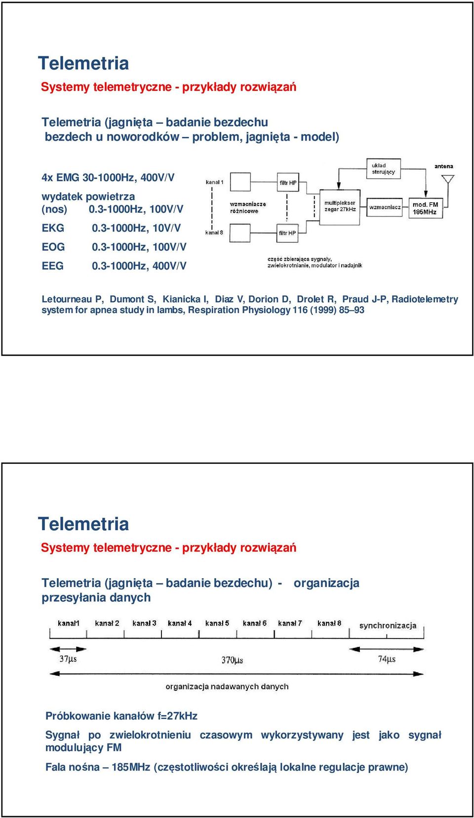 3-1000Hz, 400V/V Letourneau P, Dumont S, Kianicka I, Diaz V, Dorion D, Drolet R, Praud J-P, Radiotelemetry system for apnea study in lambs, Respiration Physiology 116 (1999) 85 93