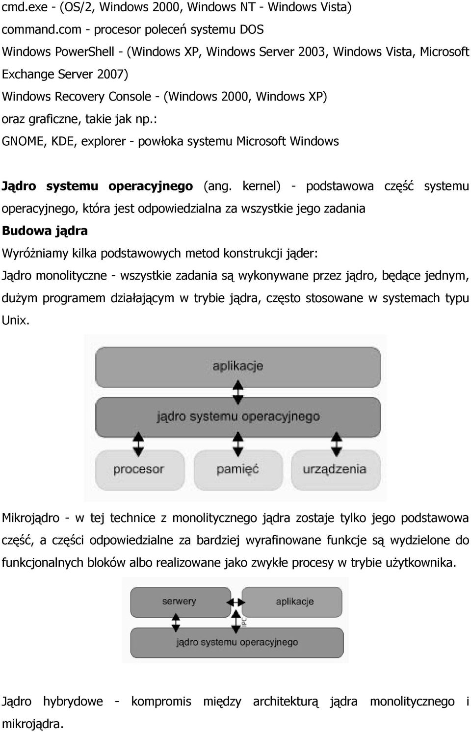 graficzne, takie jak np.: GNOME, KDE, explorer - powłoka systemu Microsoft Windows Jądro systemu operacyjnego (ang.