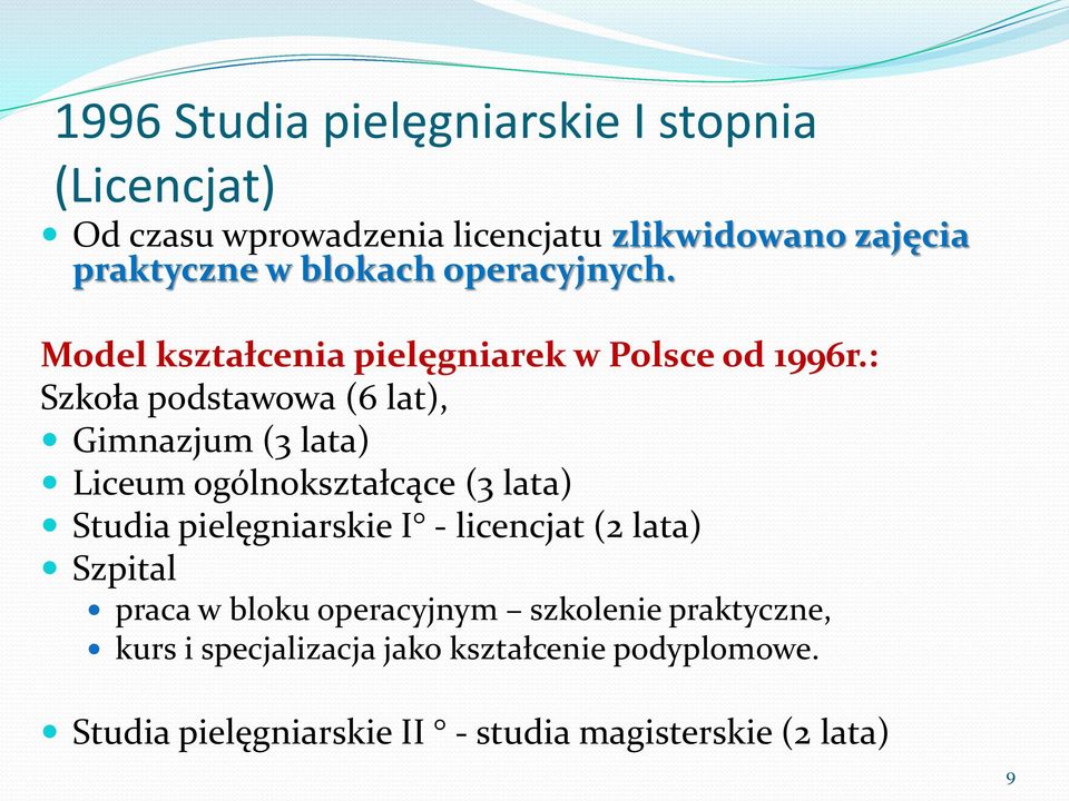 : Szkoła podstawowa (6 lat), Gimnazjum (3 lata) Liceum ogólnokształcące (3 lata) Studia pielęgniarskie I - licencjat (2