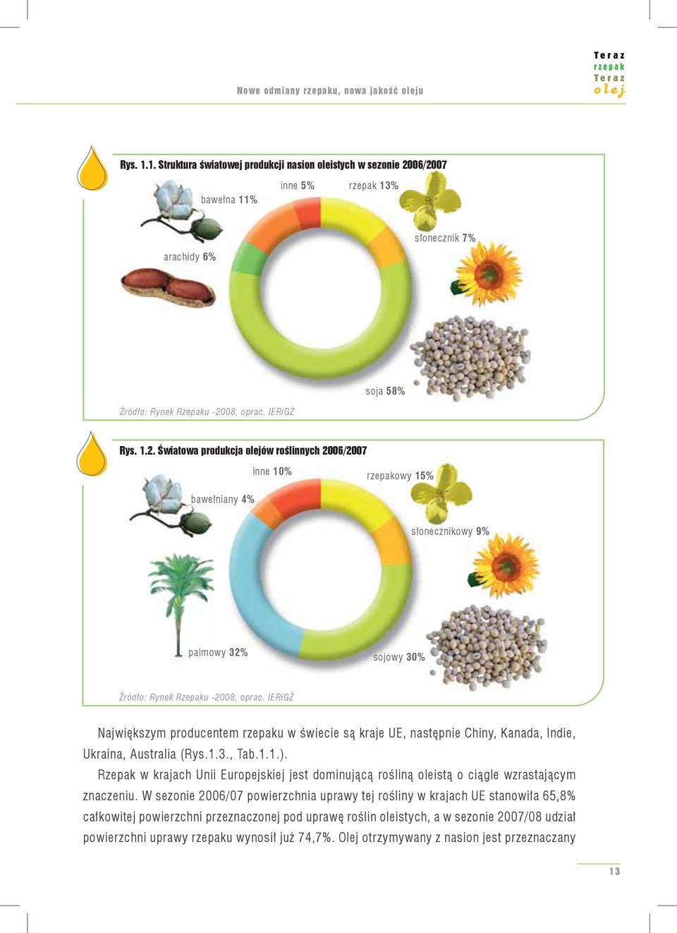 06/2007 inne 5% rzepak 13% bawełna 11% arachidy 6% słonecznik 7% soja 58% Źródło: Rynek Rzepaku -2008, oprac. IERiGŻ Rys. 1.2. Światowa produkcja olejów roślinnych 2006/2007 inne 10% rzepakowy 15% bawełniany 4% słonecznikowy 9% palmowy 32% sojowy 30% Źródło: Rynek Rzepaku -2008, oprac.