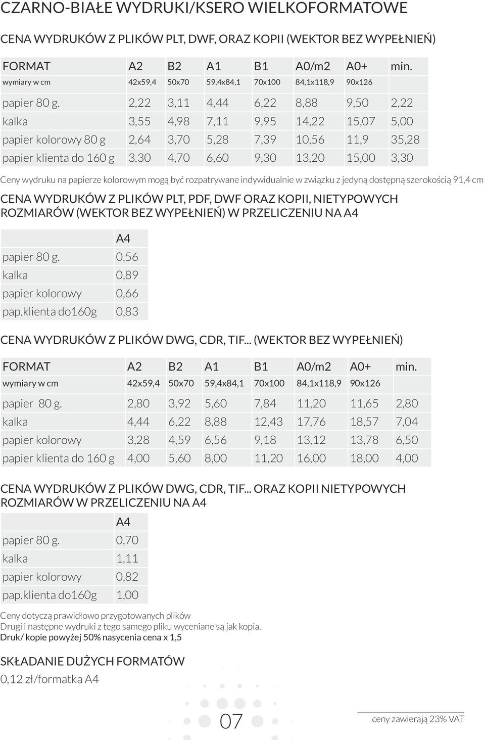 , 3,11 4,44 6, 8,88 9,50, kalka 3,55 4,98 7,11 9,95 14, 15,07 5,00 papier kolorowy 80 g,64 3,70 5,8 7,39 10,56 11,9 35,8 papier klienta do 160 g 3.