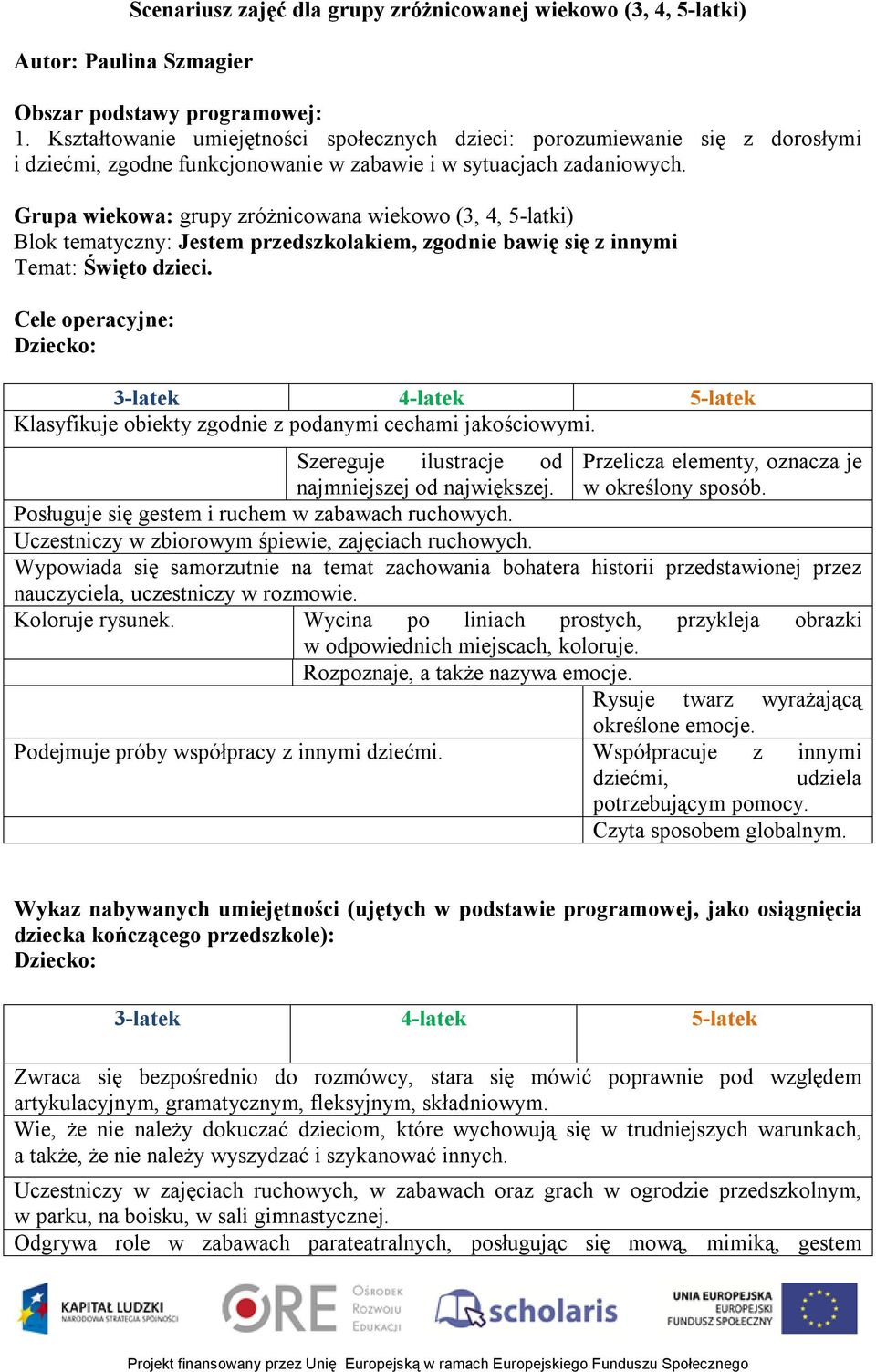 Grupa wiekowa: grupy zróżnicowana wiekowo (3, 4, 5-latki) Blok tematyczny: Jestem przedszkolakiem, zgodnie bawię się z innymi Temat: Święto dzieci.