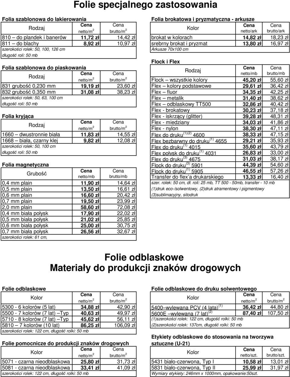 0,230 mm 19,19 zł 23,60 zł Flex kolory podstawowe 29,61 zł 36,42 zł 832 grubość 0,350 mm 31,08 zł 38,23 zł Flex fluor 34,35 zł 42,25 zł szerokości rolek: 50, 63, 100 cm Flex metalik 31,40 zł 38,62 zł
