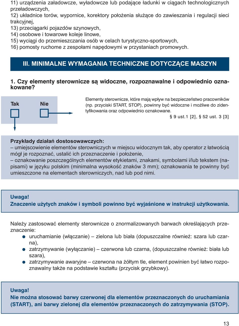 w przystaniach promowych. III. MINIMALNE WYMAGANIA TECHNICZNE DOTYCZĄCE MASZYN 1. Czy elementy sterownicze są widoczne, rozpoznawalne i odpowiednio oznakowane?