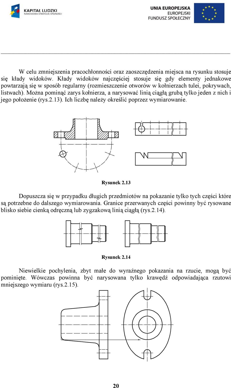 Można pominąć zarys kołnierza, a narysować linią ciągłą grubą tylko jeden z nich i jego położenie (rys..13). Ich liczbę należy określić poprzez wymiarowanie. Rysunek.