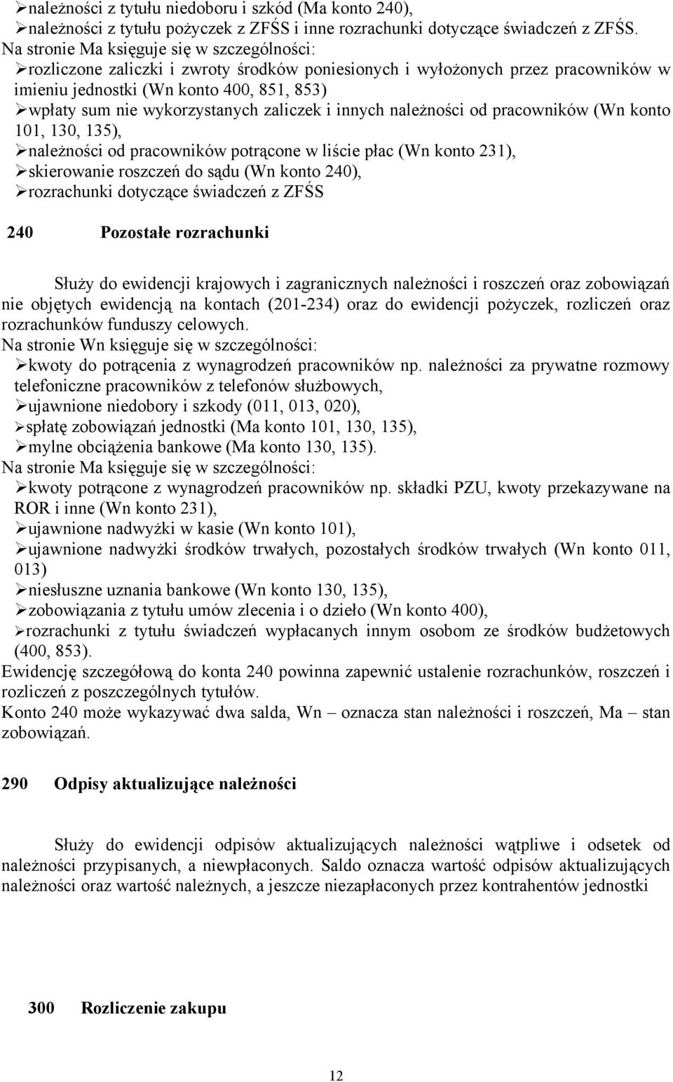 (Wn konto 101, 130, 135), należności od pracowników potrącone w liście płac (Wn konto 231), skierowanie roszczeń do sądu (Wn konto 240), rozrachunki dotyczące świadczeń z ZFŚS 240 Pozostałe