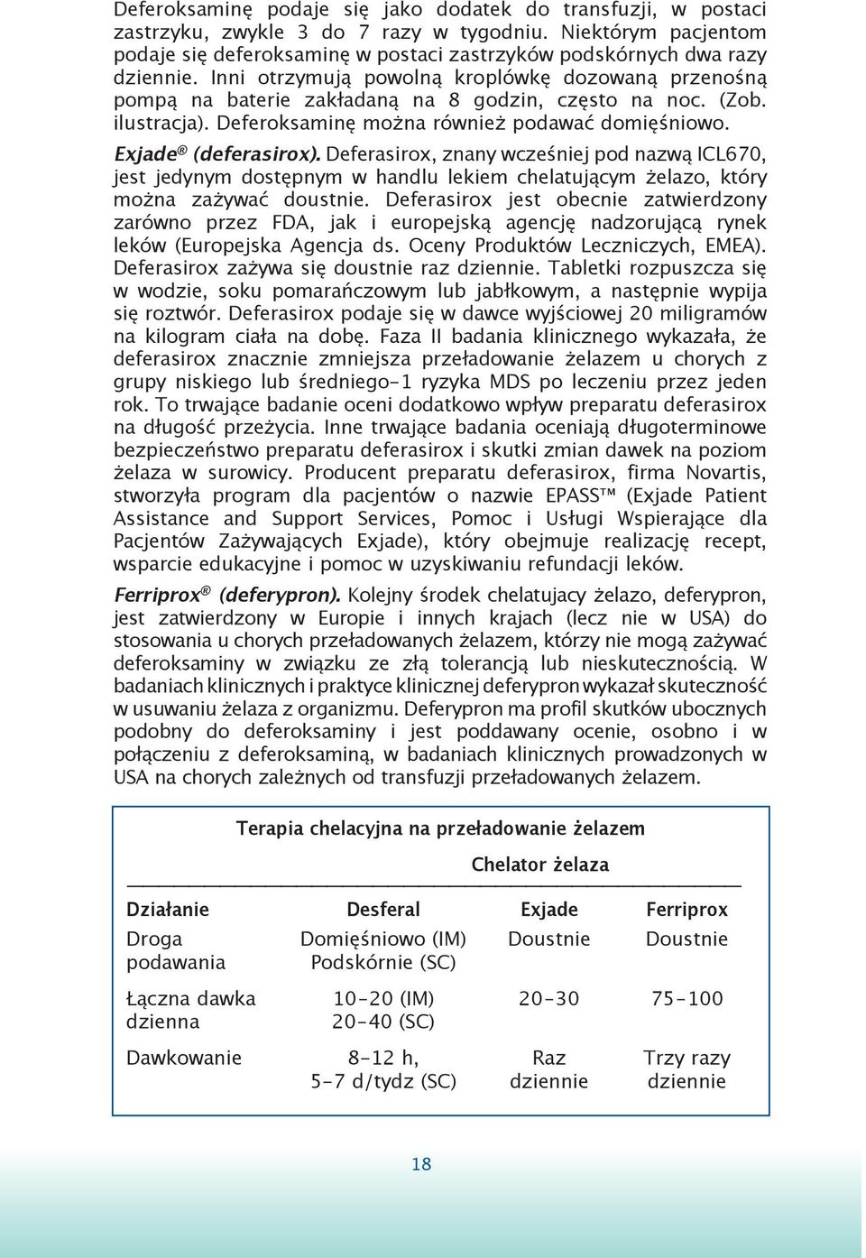 Inni otrzymują powolną kroplówkę dozowaną przenośną pompą na baterie zakładaną na 8 godzin, często na noc. (Zob. ilustracja). Deferoksaminę można również podawać domięśniowo. Exjade (deferasirox).