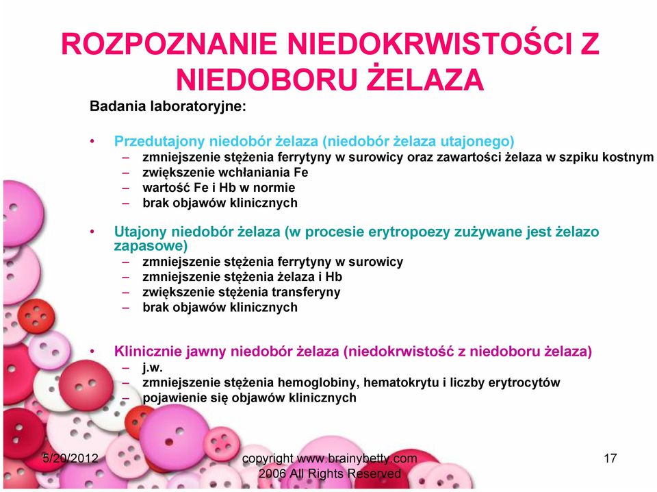 zużywane jest żelazo zapasowe) zmniejszenie stężenia ferrytyny w surowicy zmniejszenie stężenia żelaza i Hb zwiększenie stężenia transferyny brak objawów klinicznych