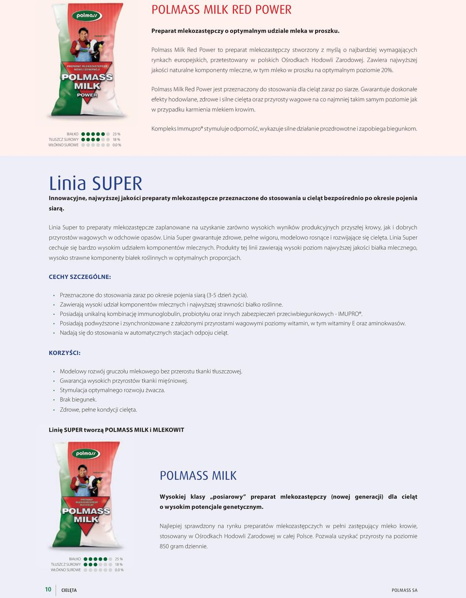 Zawiera najwyższej jakości naturalne komponenty mleczne, w tym mleko w proszku na optymalnym poziomie 20%. Polmass Milk Red Power jest przeznaczony do stosowania dla cieląt zaraz po siarze.