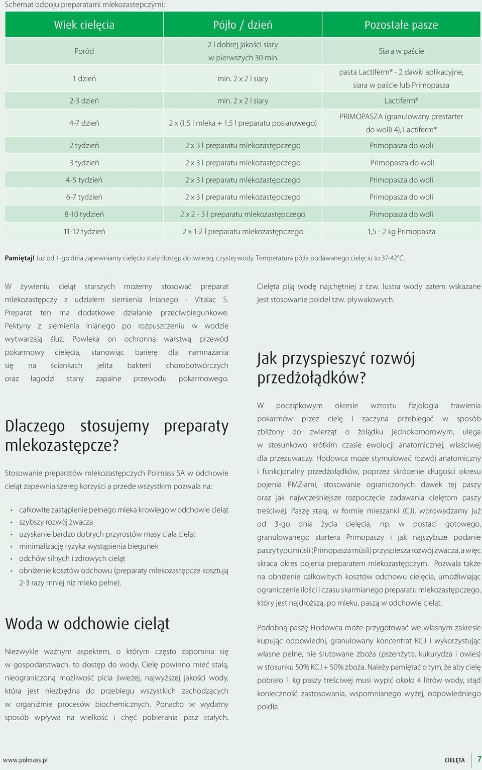 2 x 2 l siary Lactiferm 4-7 dzień 2 x (1,5 l mleka + 1,5 l preparatu posiarowego) PRIMOPASZA (granulowany prestarter do woli) 4), Lactiferm 2 tydzień 2 x 3 l preparatu mlekozastępczego Primopasza do