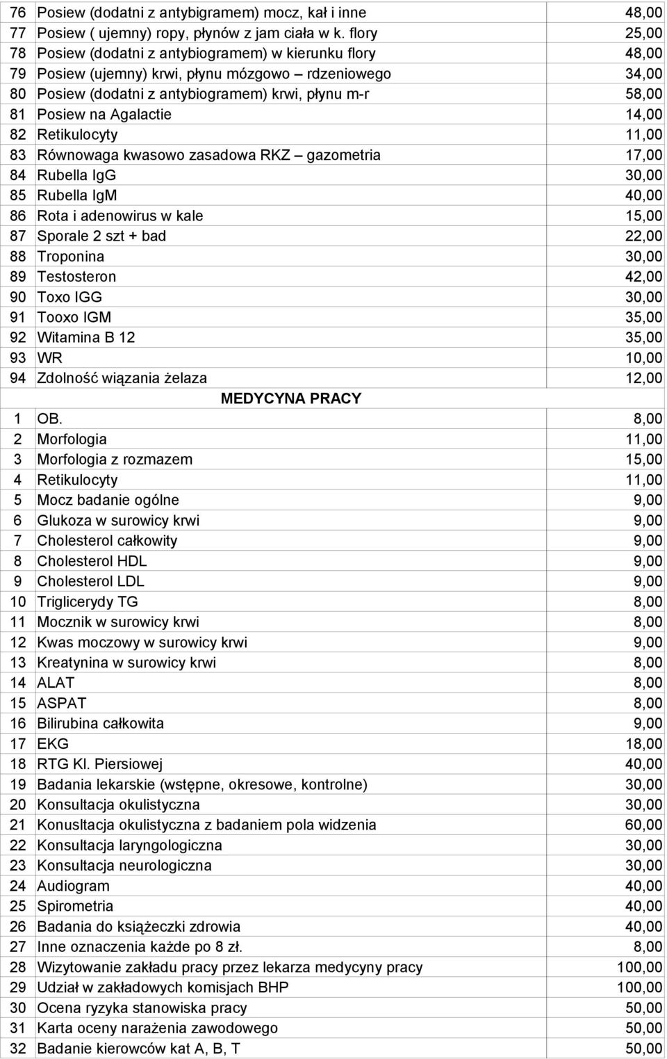 Agalactie 14,00 82 Retikulocyty 11,00 83 Równowaga kwasowo zasadowa RKZ gazometria 17,00 84 Rubella IgG 30,00 85 Rubella IgM 40,00 86 Rota i adenowirus w kale 15,00 87 Sporale 2 szt + bad 22,00 88