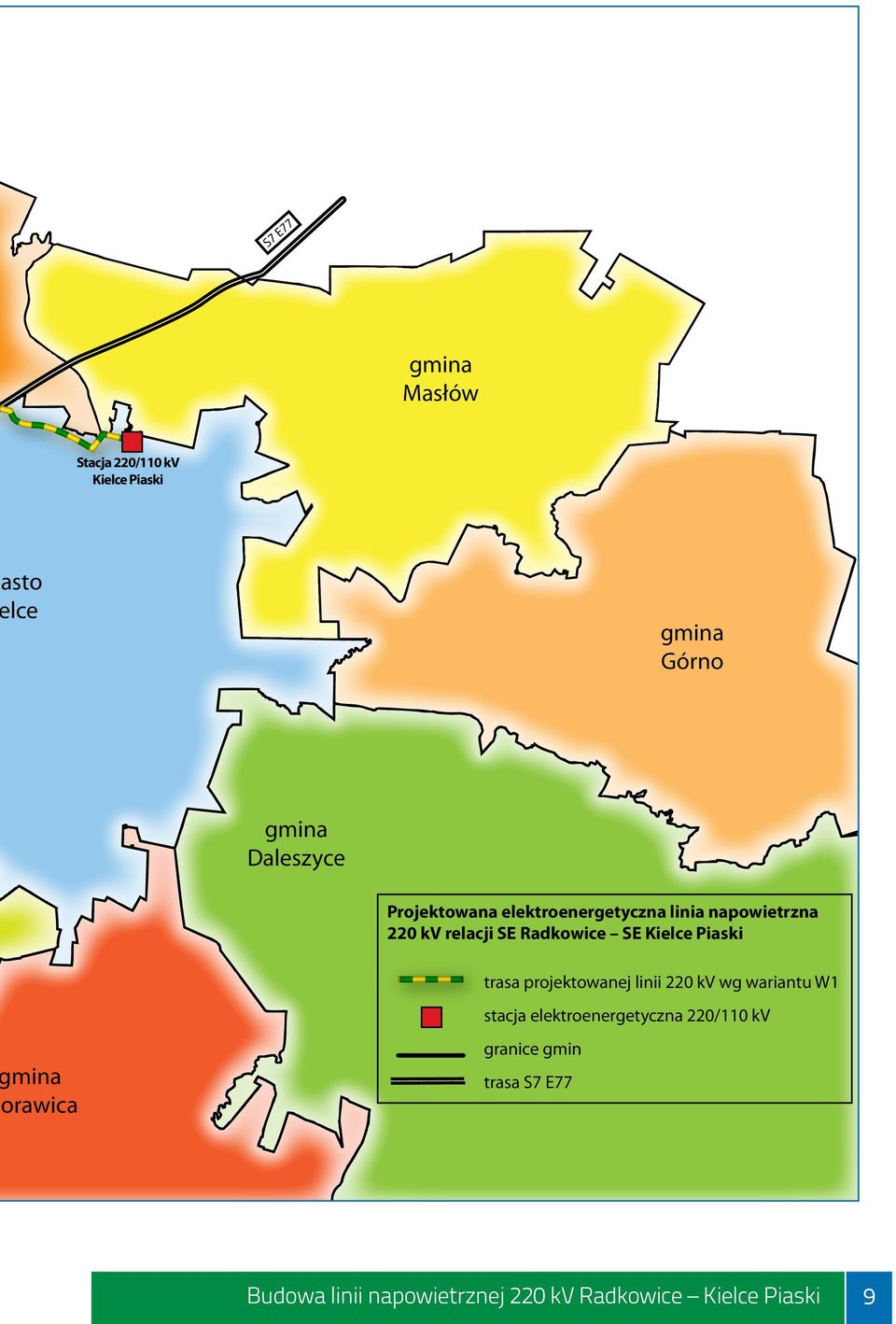 Radkowice SE Kielce Piaski trasa projektowanej linii 220 kv wg wariantu W1 stacja