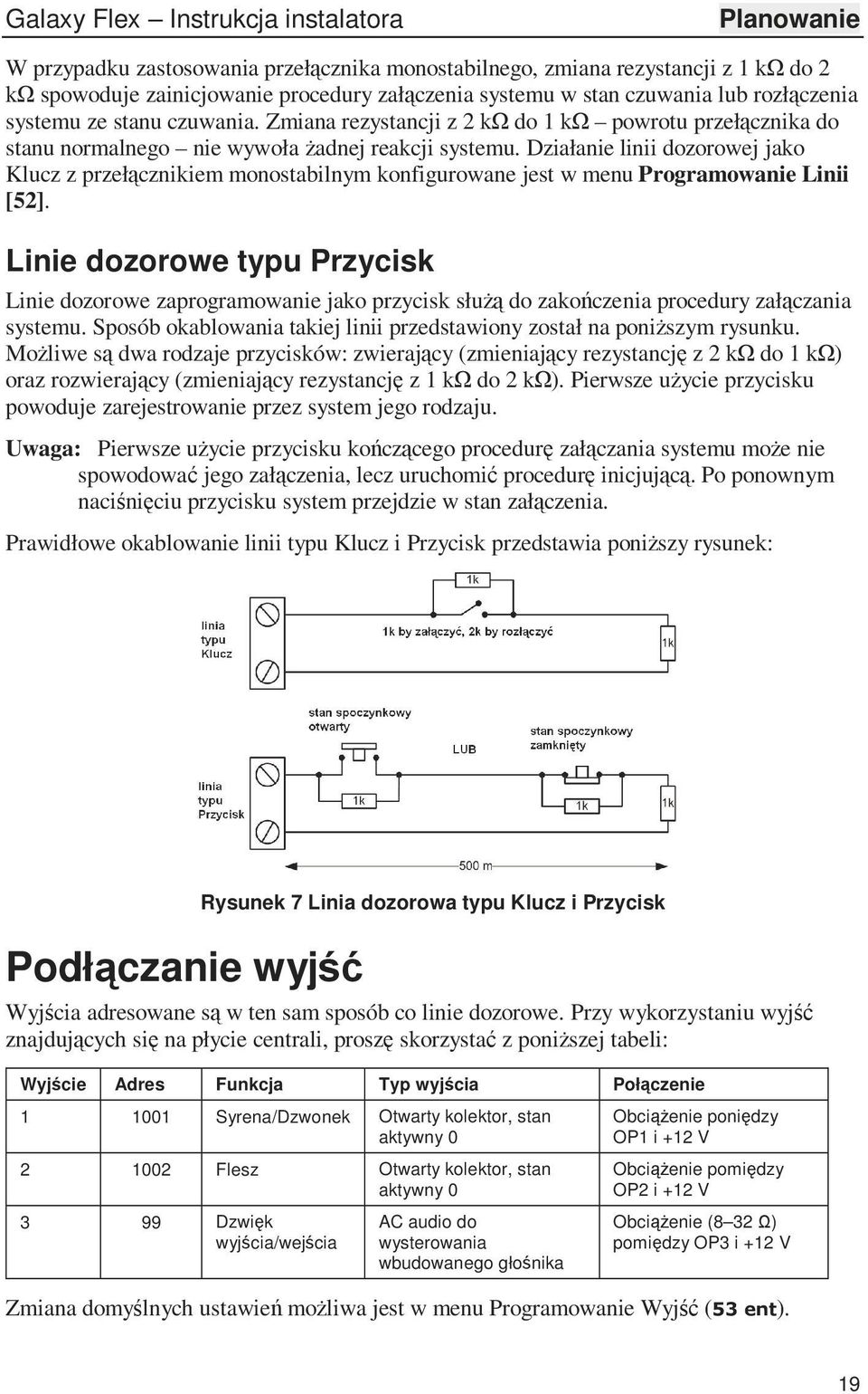 Działanie linii dozorowej jako Klucz z przełącznikiem monostabilnym konfigurowane jest w menu Programowanie Linii [52].