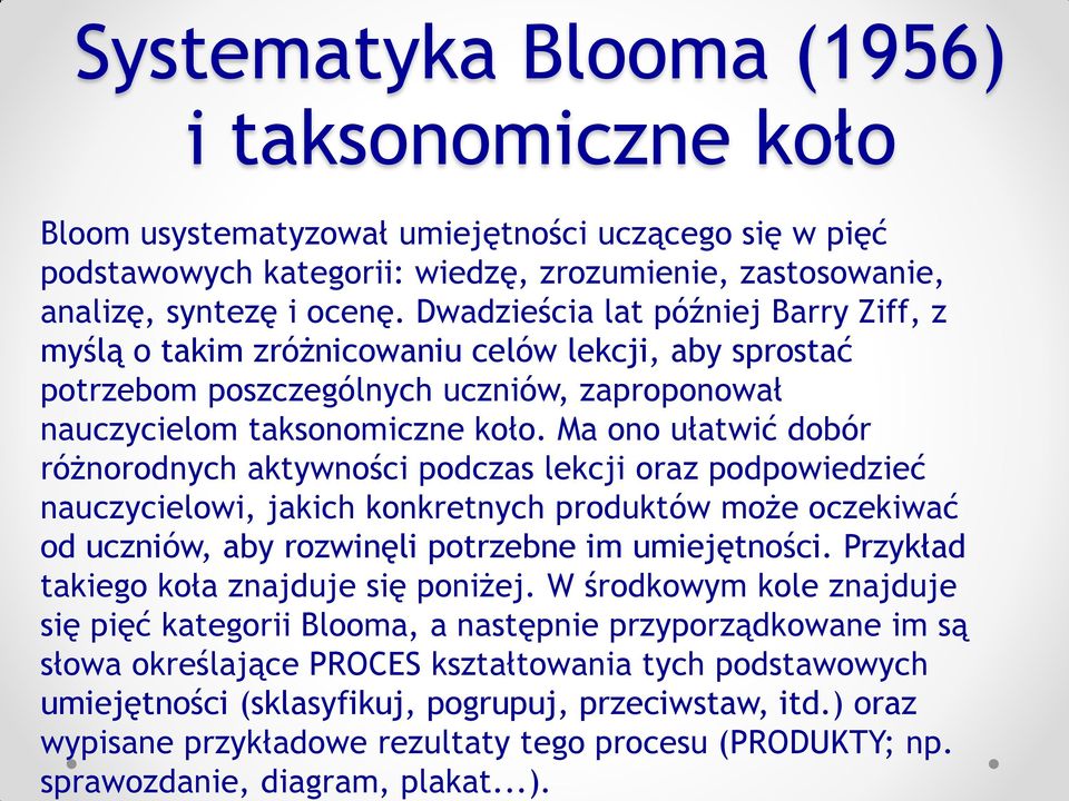 Ma ono ułatwić dobór różnorodnych aktywności podczas lekcji oraz podpowiedzieć nauczycielowi, jakich konkretnych produktów może oczekiwać od uczniów, aby rozwinęli potrzebne im umiejętności.