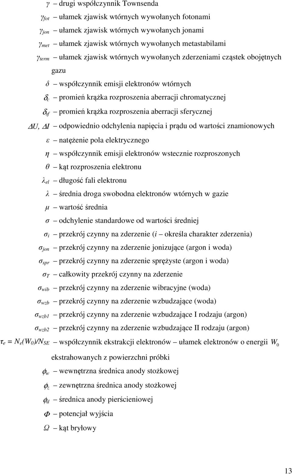 aberracji sferycznej U, I odpowiednio odchylenia napięcia i prądu od wartości znamionowych ε natężenie pola elektrycznego η współczynnik emisji elektronów wstecznie rozproszonych θ kąt rozproszenia