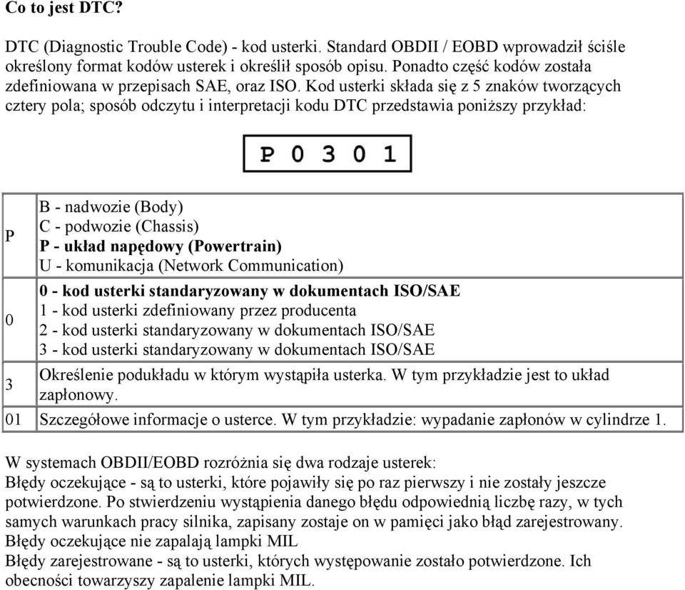 Kod usterki składa się z 5 znaków tworzących cztery pola; sposób odczytu i interpretacji kodu DTC przedstawia poniższy przykład: P 0 3 B - nadwozie (Body) C - podwozie (Chassis) P - układ napędowy