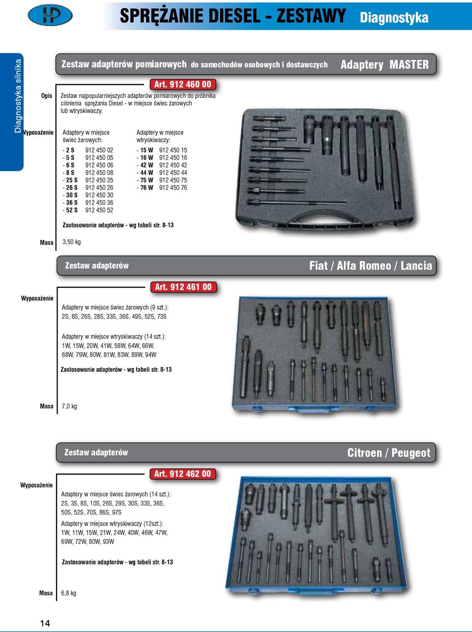 Adaptery w miejsce świec żarowych: - 2 S 912 450 02-5 S 912 450 05-6 S 912 450 06-8 S 912 450 08-25 S 912 450 25-26 S 912 450 26-30 S 912 450 30-36 S 912 450 36 - S 912 450 3,50 kg Art.
