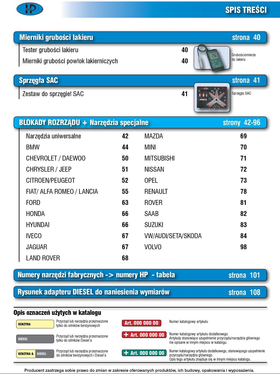 HYUNDAI 66 IVECO 67 JAGUAR 67 LAND ROVER 68 MAZDA 69 MINI 70 MITSUBISHI 71 NISSAN 72 OPEL 73 RENAULT 78 ROVER 81 SAAB 82 SUZUKI 83 VW/AUDI/SETA/SKODA VOLVO 98 Numery narzędzi fabrycznych -> numery HP