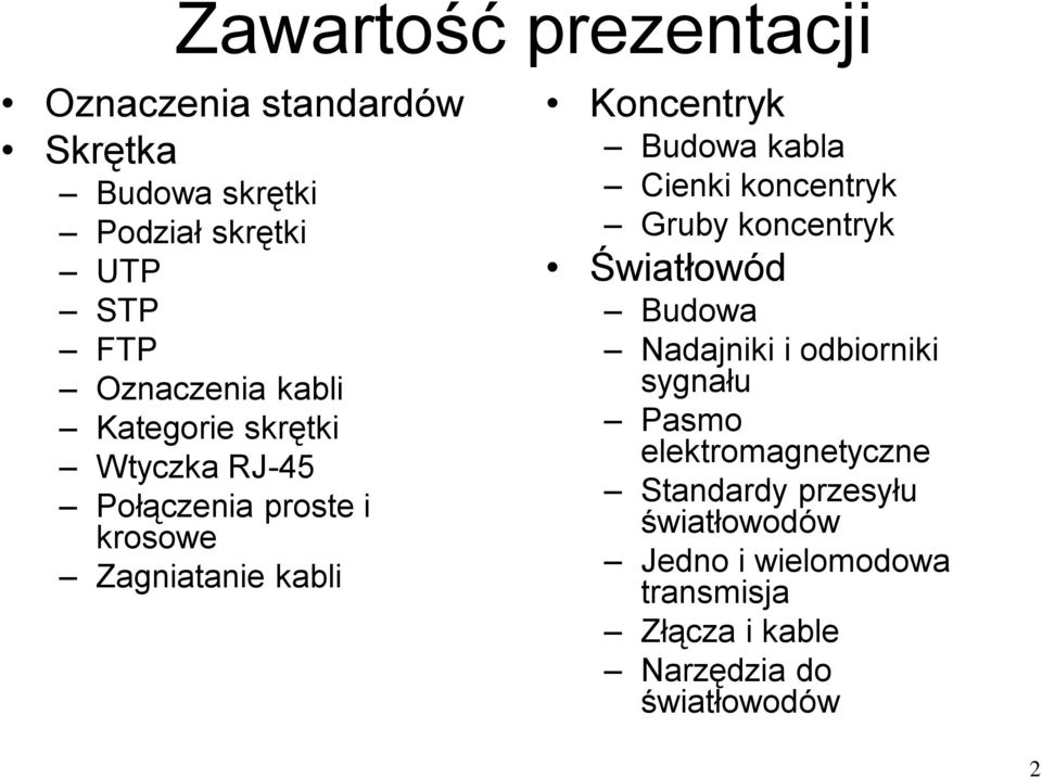 kabla Cienki koncentryk Gruby koncentryk Światłowód Budowa Nadajniki i odbiorniki sygnału Pasmo