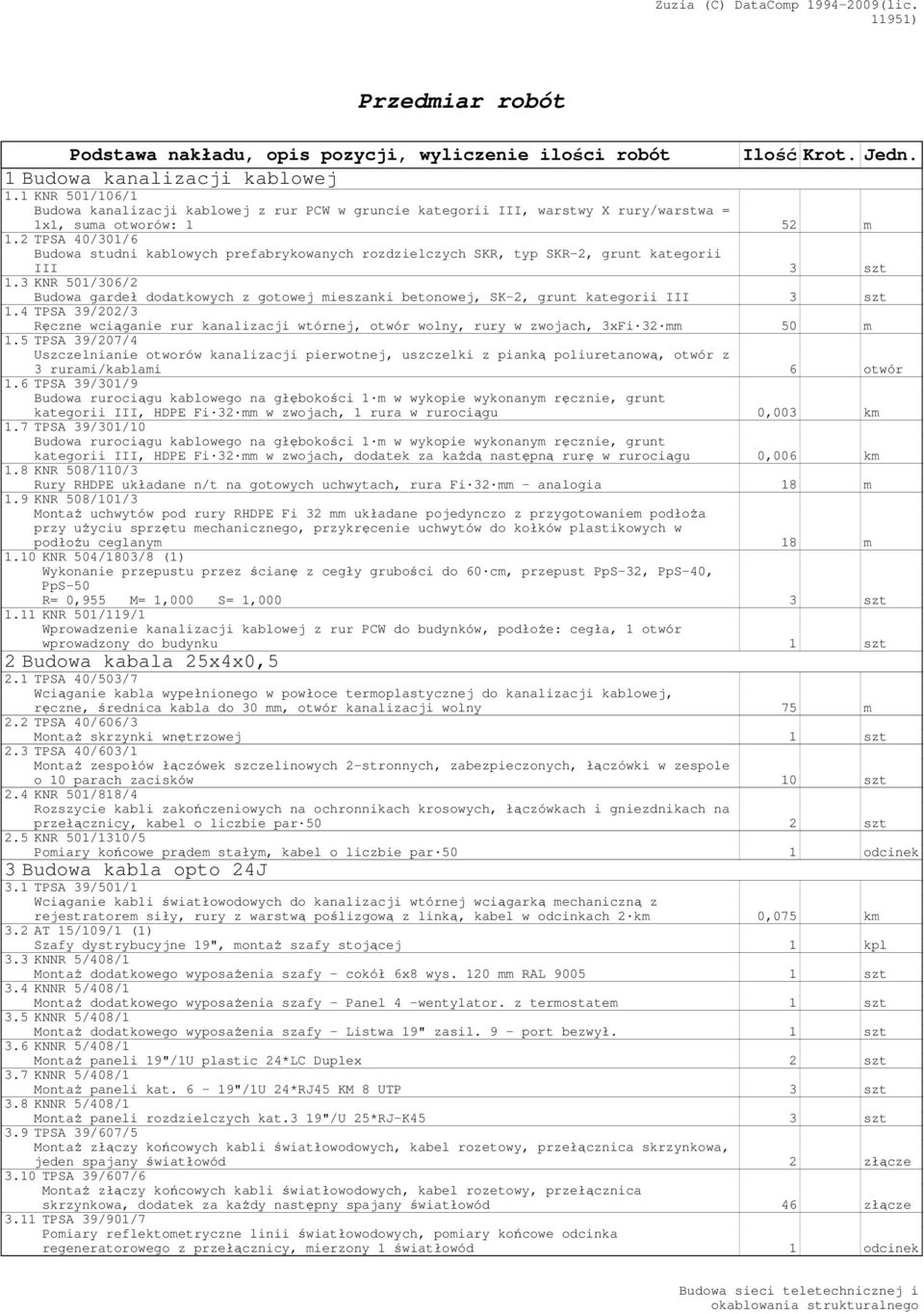 2 TPSA 40/301/6 Budowa studni kablowych prefabrykowanych rozdzielczych SKR, typ SKR-2, grunt kategorii III 3 szt 1.