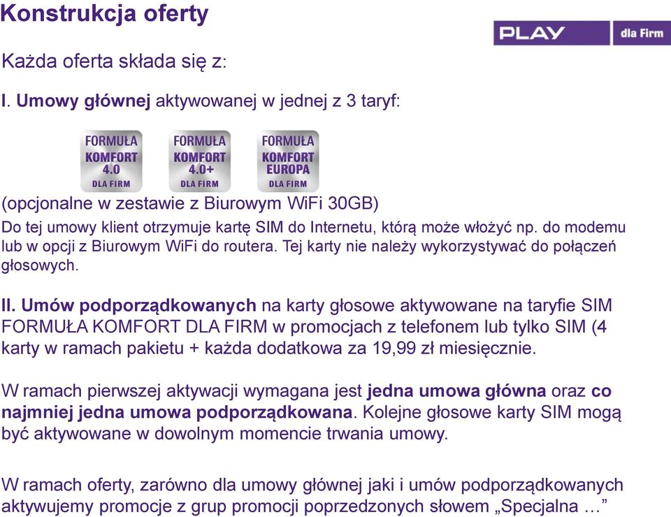 do modemu lub w opcji z Biurowym WiFi do routera. Tej karty nie należy wykorzystywać do połączeń głosowych. II.