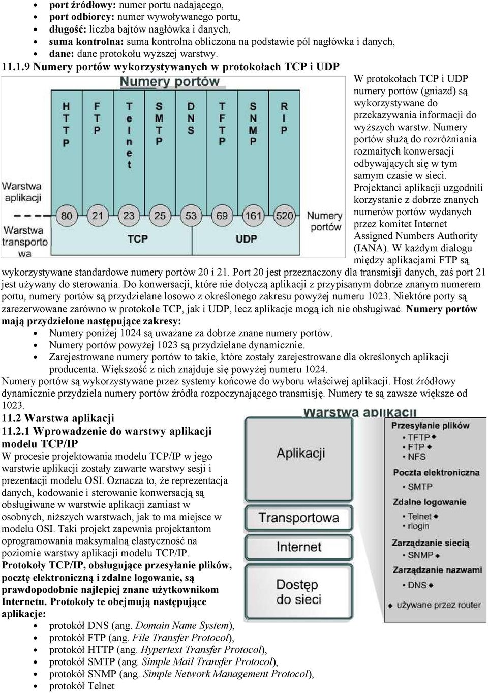 .1.9 Numery portów wykorzystywanych w protokołach TCP i UDP W protokołach TCP i UDP numery portów (gniazd) są wykorzystywane do przekazywania informacji do wyższych warstw.