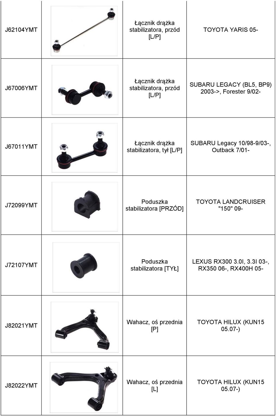 7/01- J72099YMT TOYOTA LANDCRUISER "150" 09- J72107YMT stabilizatora [TYŁ] LEXUS RX300 3.0I, 3.