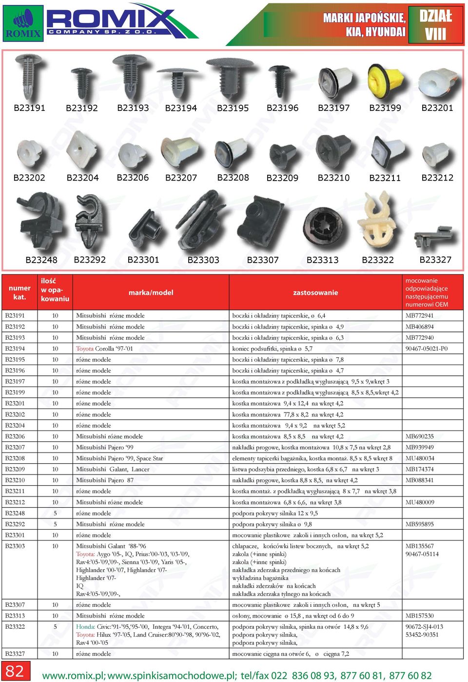 podsufitki, spinka ø,7 90467-0021-P0 B2319 różne modele boczki i okładziny tapicerskie, spinka ø 7,8 B23196 różne modele boczki i okładziny tapicerskie, spinka ø 4,7 B23197 różne modele kostka