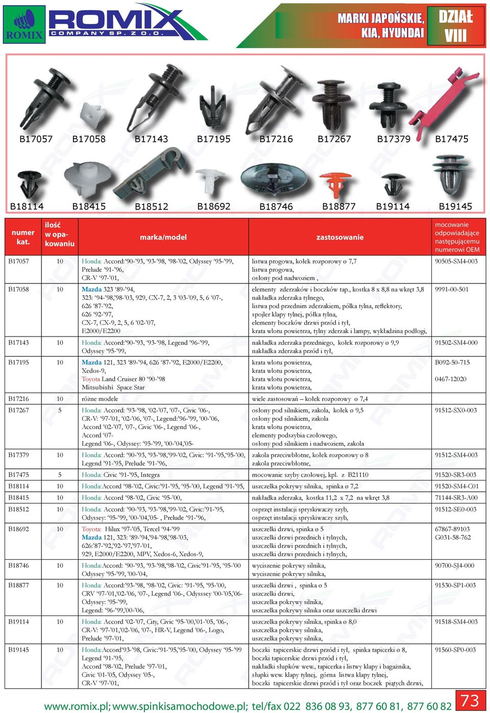 121, 323 89-94, 626 87-92, E2000/E2200, Xedos-9, Toyota Land Cruiser 80 90-98 Mitsubishi Space Star listwa progowa, kołek rozporowy ø 7,7 listwa progowa, osłony pod nadwoziem, elementy zderzaków i