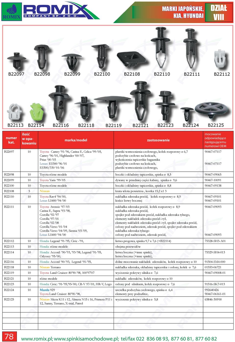 wzmocnienia czołowego, 90467-07117 90467-07117 B22098 Toyota różne modele boczki i okładziny tapicerskie, spinka ø 8, 90467-0906 B22099 Toyota Yaris 99-0 dywany w przedniej części kabiny, spinka ø