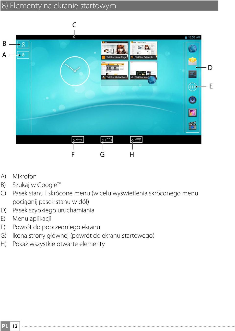 D) Pasek szybkiego uruchamiania E) Menu aplikacji F) Powrót do poprzedniego ekranu G)