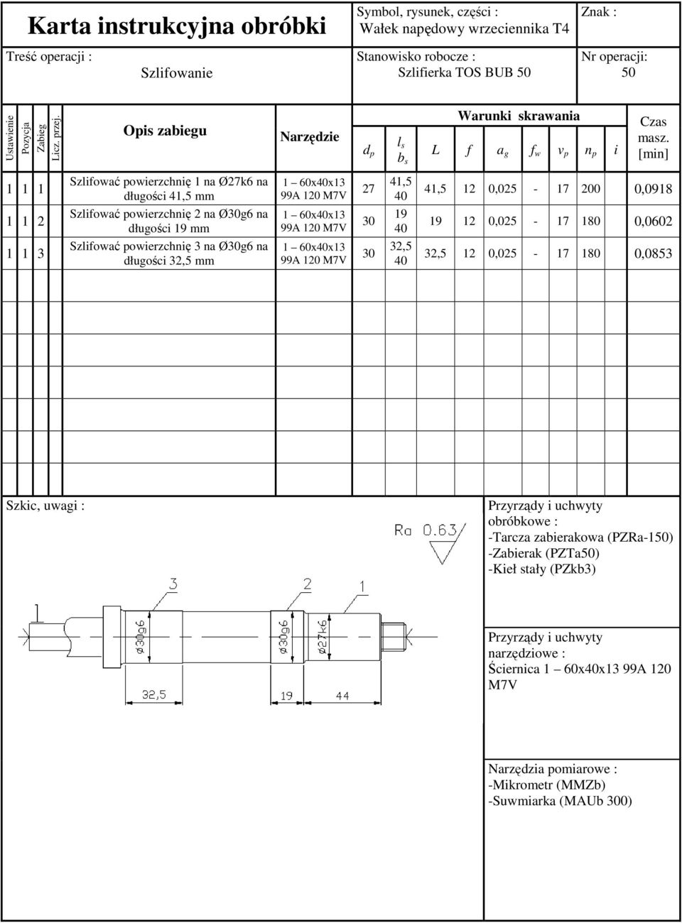 [min] 1 1 1 Szlifować powierzchnię 1 na Ø27k6 na długości 41,5 mm 1 60x40x13 99A 120 M7V 27 41,5 40 41,5 12 0,025-17 200 0,0918 1 1 2 Szlifować powierzchnię 2 na Ø30g6 na długości 19 mm 1 60x40x13