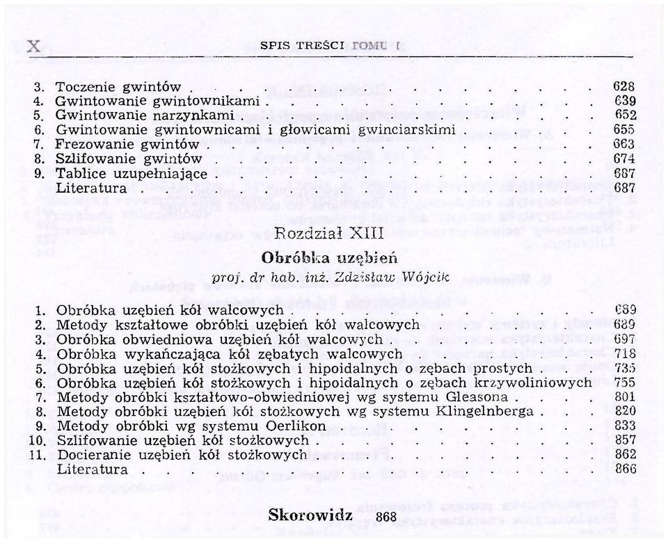 Metody kształtowe obróbki uzębień kół walcowych 689 3. Obróbka obwiedniowa uzębień kół walcowych 097 4. Obróbka wykańczająca kół zębatych walcowych. 718 5.