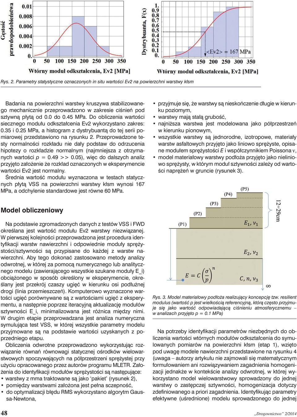 płytą od 0.0 do 0.45 MPa. Do obliczenia wartości siecznego modułu odkształcenia Ev2 wykorzystano zakres: 0.35 i 0.25 MPa, a histogram z dystrybuantą do tej serii pomiarowej przedstawiono na rysunku 2.