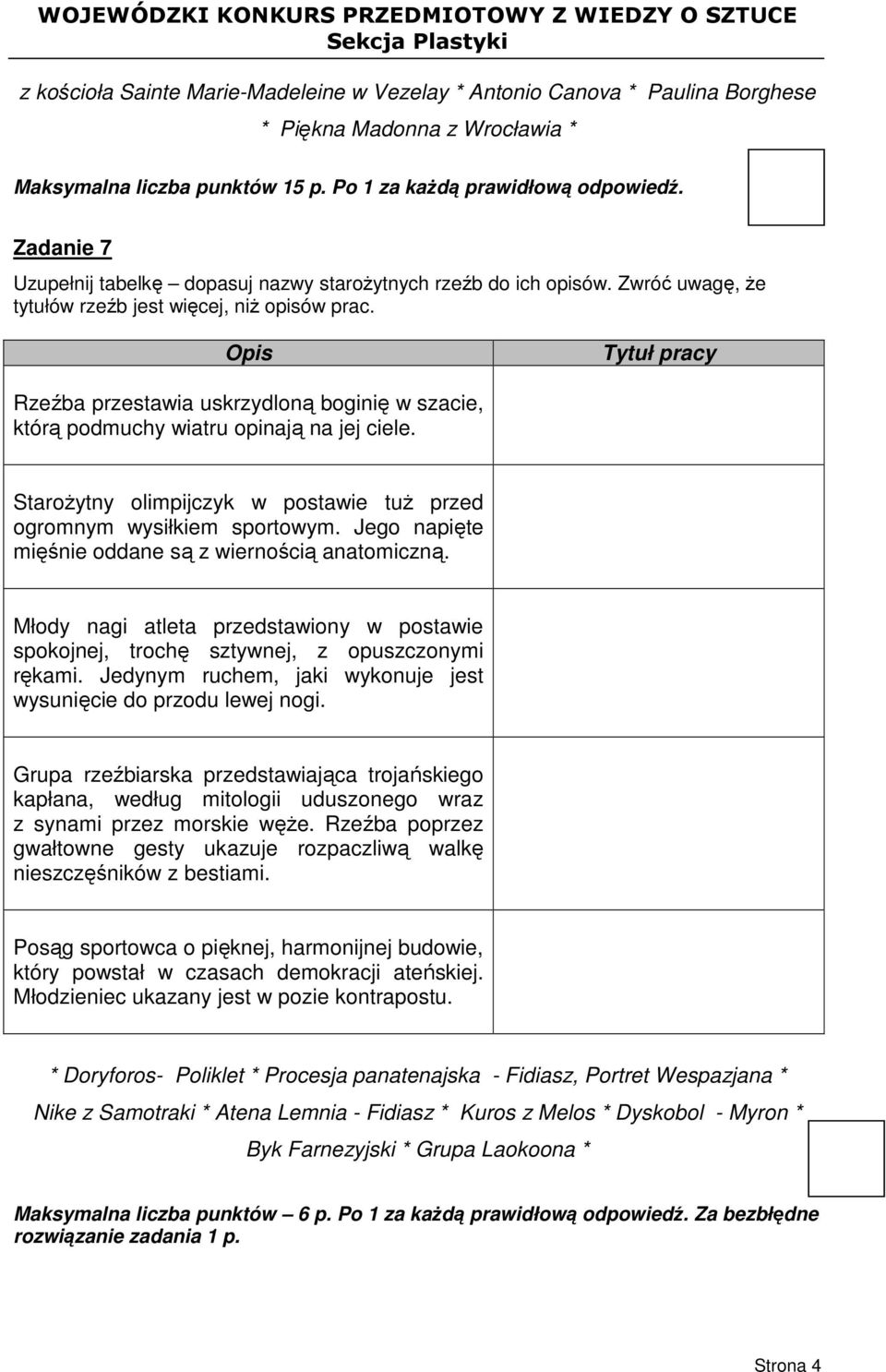 Opis Tytuł pracy Rzeźba przestawia uskrzydloną boginię w szacie, którą podmuchy wiatru opinają na jej ciele. Starożytny olimpijczyk w postawie tuż przed ogromnym wysiłkiem sportowym.