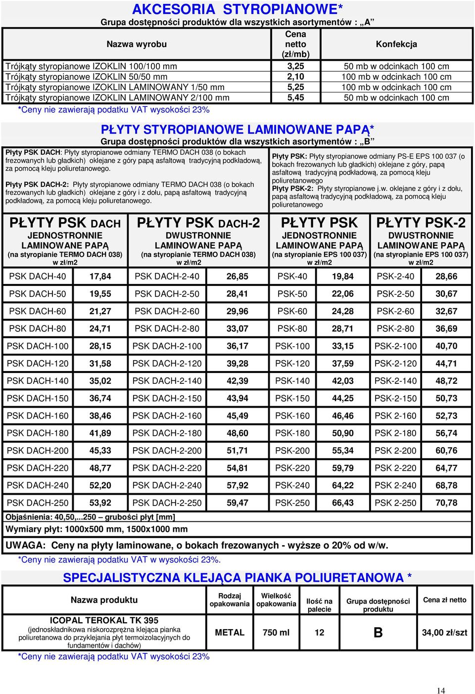 PŁYTY STYROPIANOWE LAMINOWANE PAPĄ* produktów dla wszystkich asortymentów : B Płyty PSK DACH: Płyty styropianowe odmiany TERMO DACH 038 (o bokach frezowanych gładkich) oklejane z góry papą asfaltową