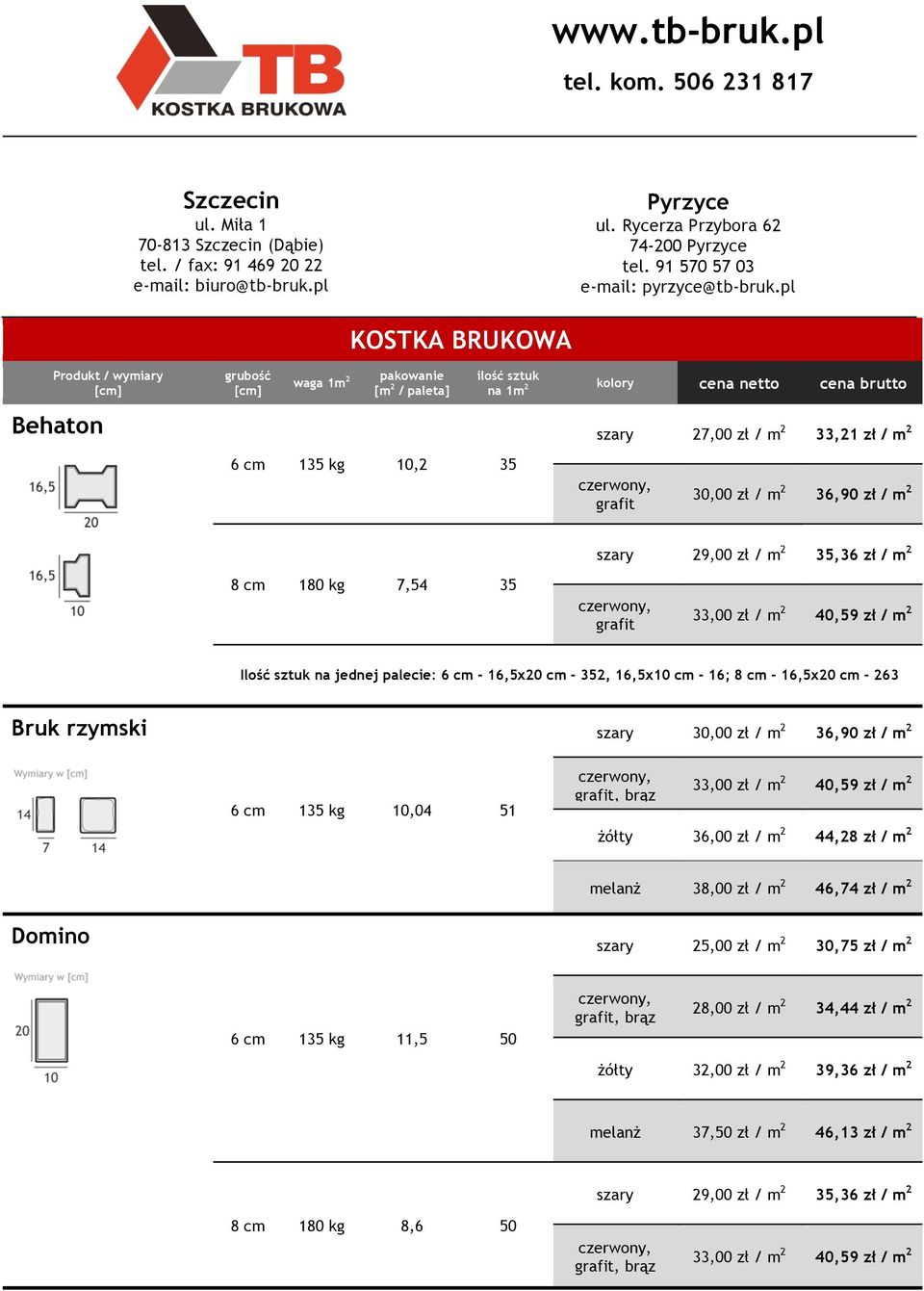 pl Behaton 1m 2 KOSTKA BRUKOWA [m 2 / paleta] na 1m 2 6 cm 135 kg 10,2 35 szary 27,00 zł / m 2 33,21 zł / m 2 30,00 zł / m 2 36,90 zł / m 2 szary 29,00 zł / m 2 35,36 zł / m 2 8 cm 180 kg 7,54 35