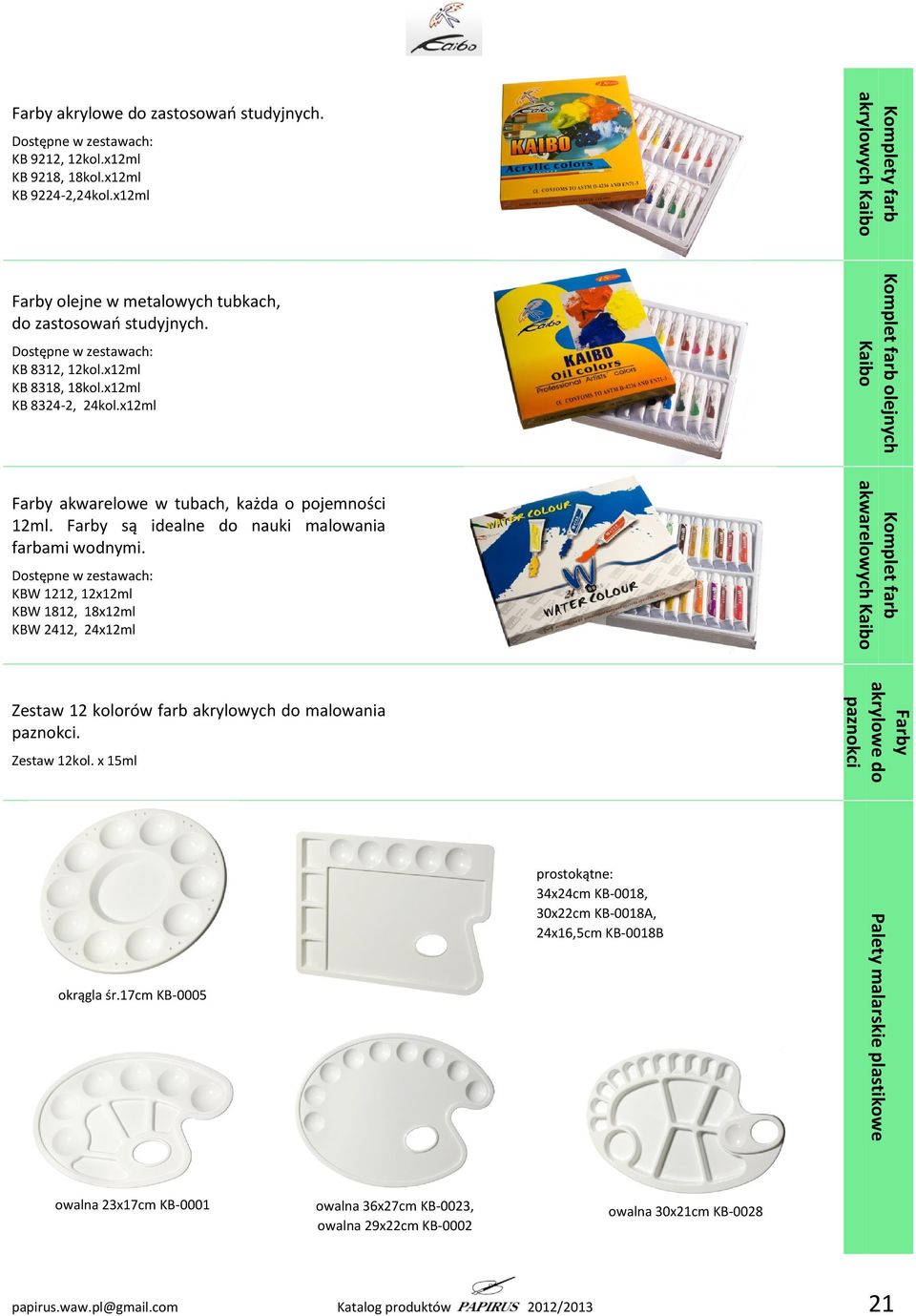 x12ml KB 8318, 18kol.x12ml KB 8324-2, 24kol.x12ml Farby akwarelowe w tubach, każda o pojemności 12ml. Farby są idealne do nauki malowania farbami wodnymi.