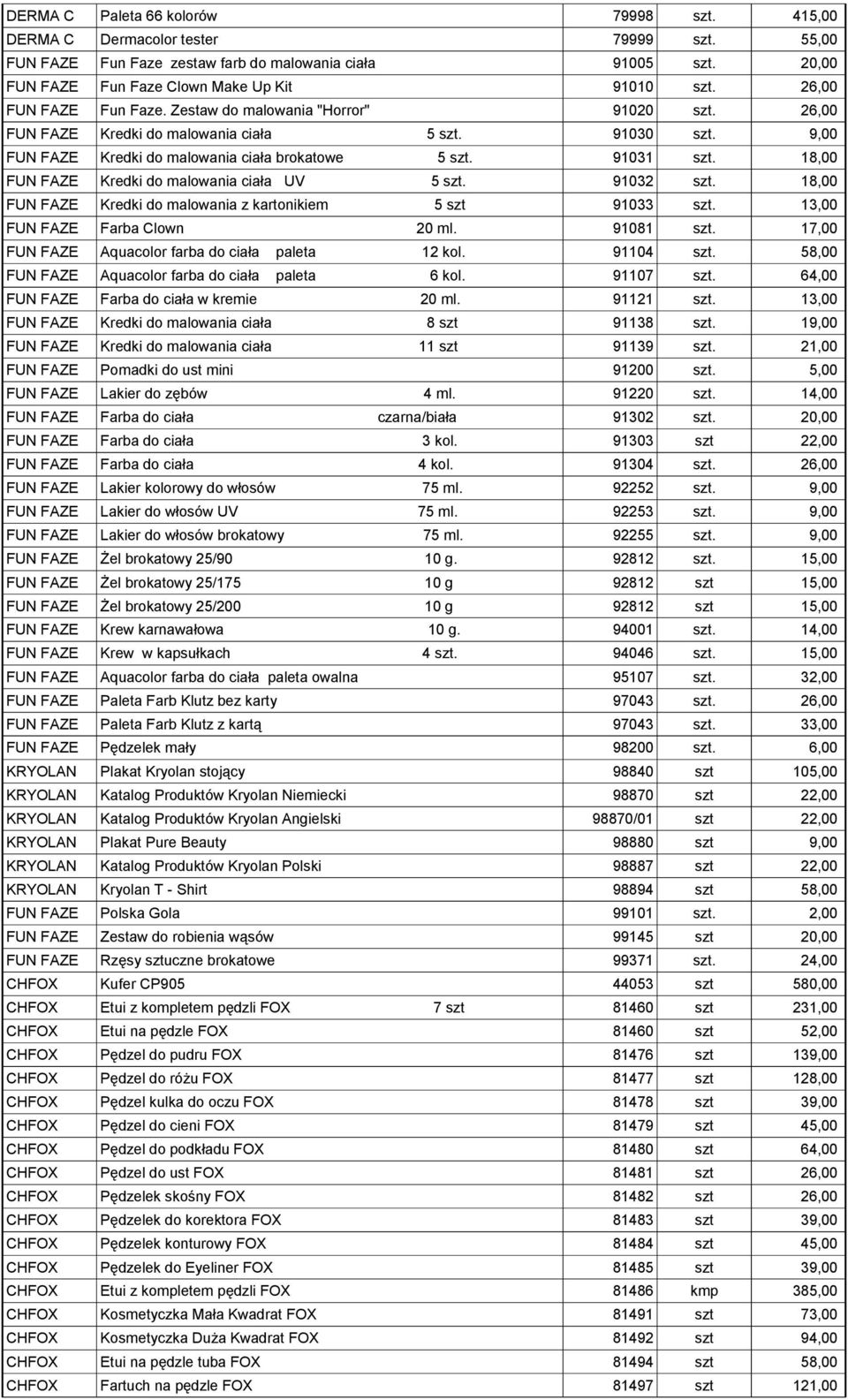 18,00 FUN FAZE Kredki do malowania ciała UV 5 szt. 91032 szt. 18,00 FUN FAZE Kredki do malowania z kartonikiem 5 szt 91033 szt. 13,00 FUN FAZE Farba Clown 20 ml. 91081 szt.