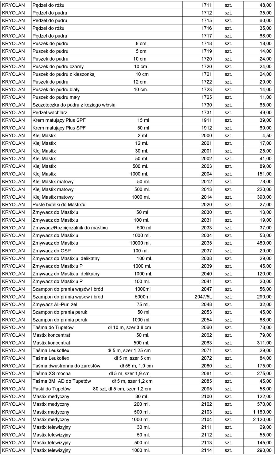 24,00 KRYOLAN Puszek do pudru z kieszonką 10 cm 1721 szt. 24,00 KRYOLAN Puszek do pudru 12 cm. 1722 szt. 29,00 KRYOLAN Puszek do pudru biały 10 cm. 1723 szt.