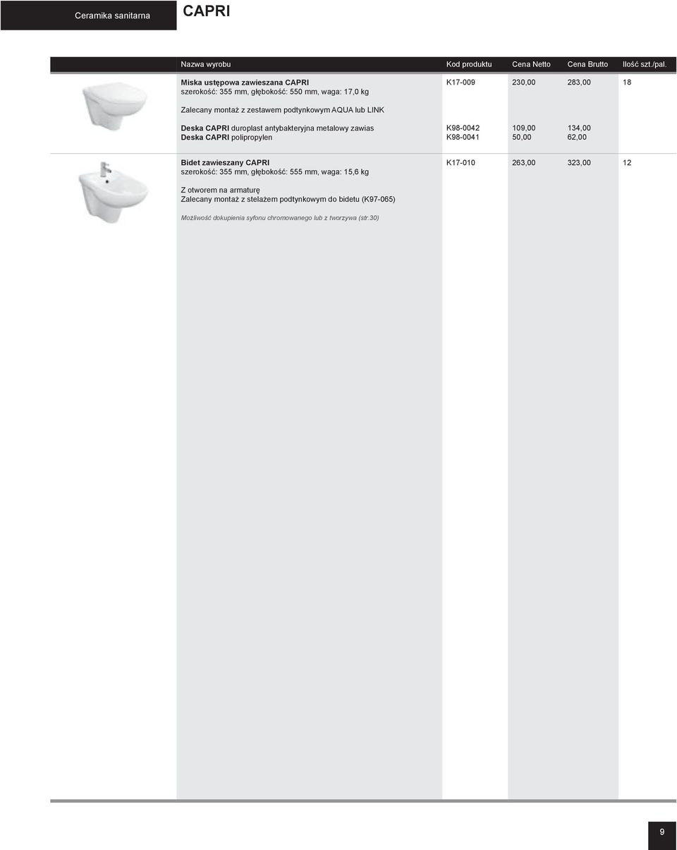 K98-0042 K98-0041 109,00 50,00 134,00 62,00 Bidet zawieszany CAPRI szerokość: 355 mm, głębokość: 555 mm, waga: 15,6 kg K17-010 263,00