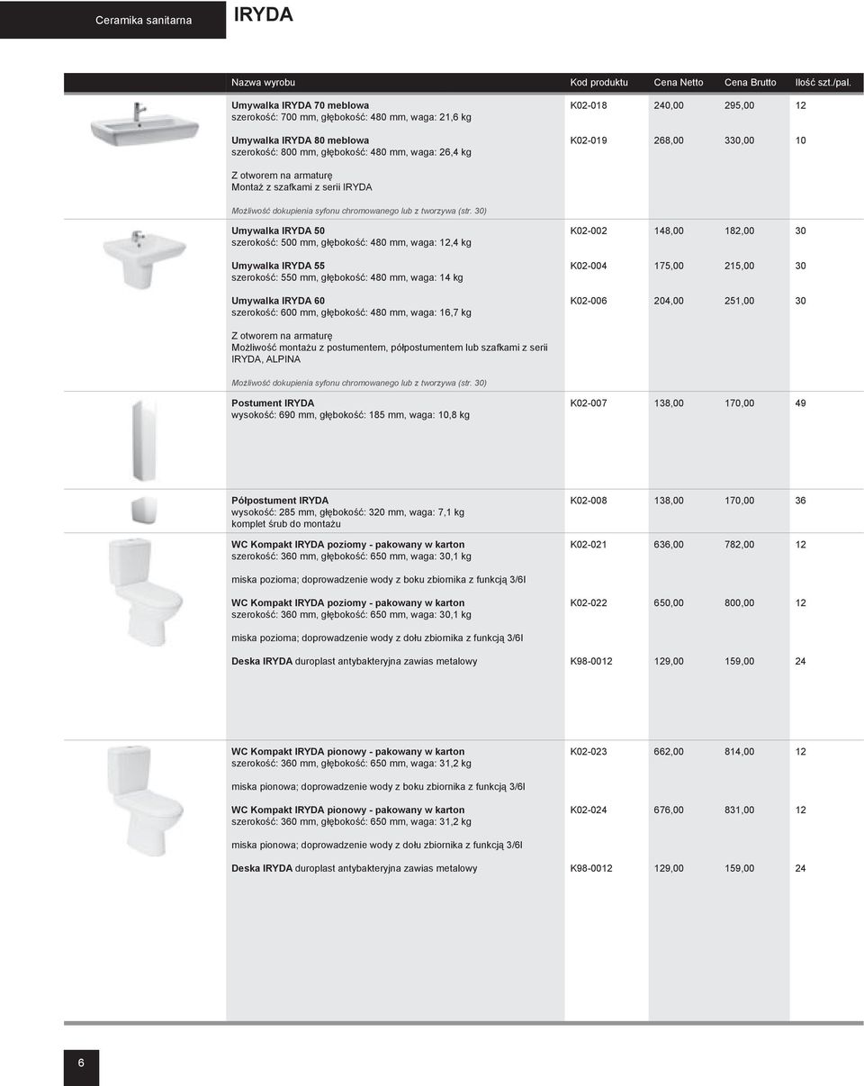 30) Umywalka IRYDA 50 szerokość: 500 mm, głębokość: 480 mm, waga: 12,4 kg K02-002 148,00 182,00 30 Umywalka IRYDA 55 szerokość: 550 mm, głębokość: 480 mm, waga: 14 kg K02-004 175,00 215,00 30