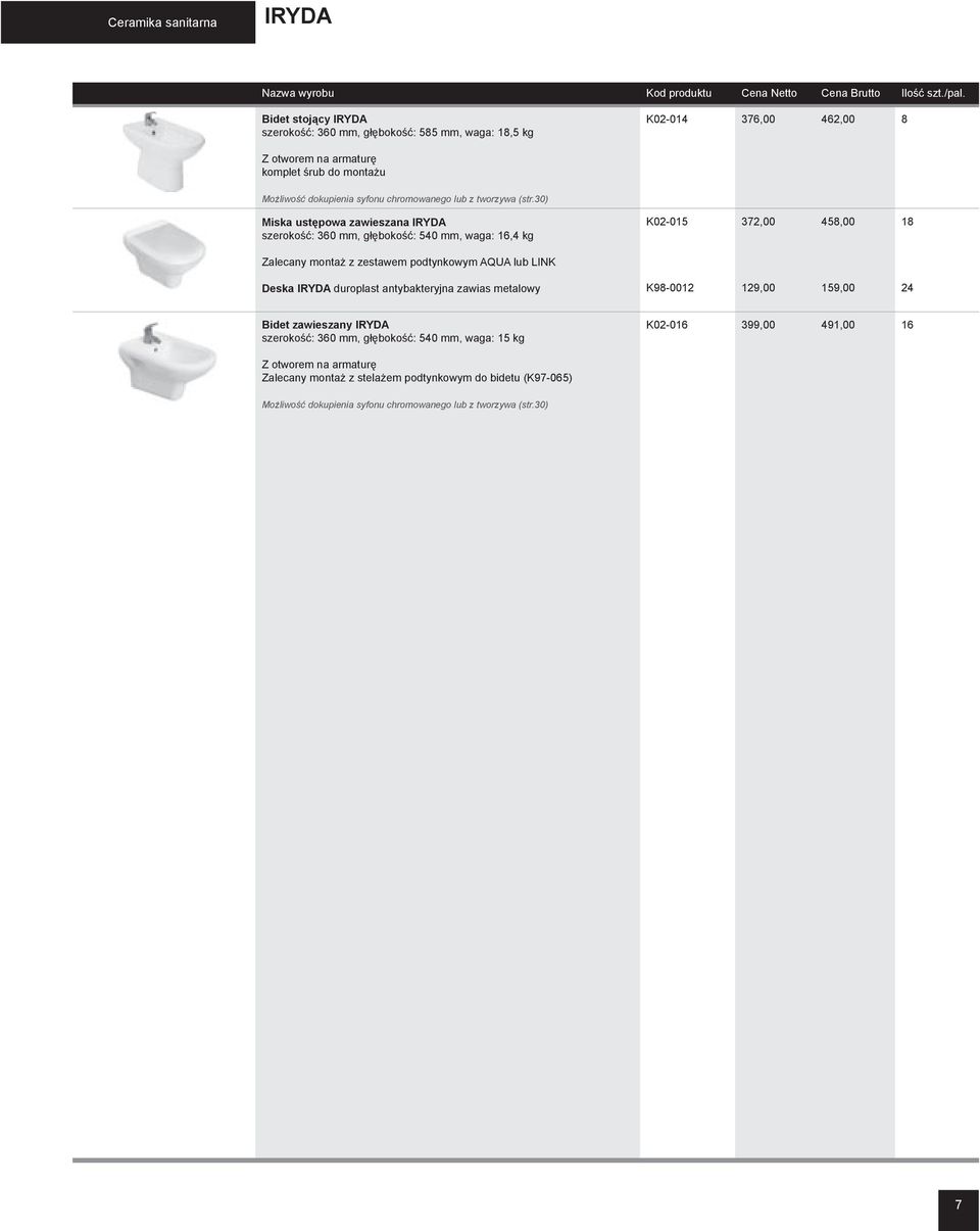 30) Miska ustępowa zawieszana IRYDA szerokość: 360 mm, głębokość: 540 mm, waga: 16,4 kg K02-015 372,00 458,00 18 Zalecany montaż z zestawem podtynkowym AQUA lub LINK Deska IRYDA