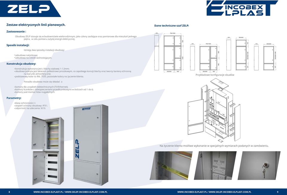 zużytej energii elektrycznej. 250 300/600 Istnieją dwa sposoby instalacji obudowy: zabudowa natynkowa; zabudowa na cokole wolnostojącym.