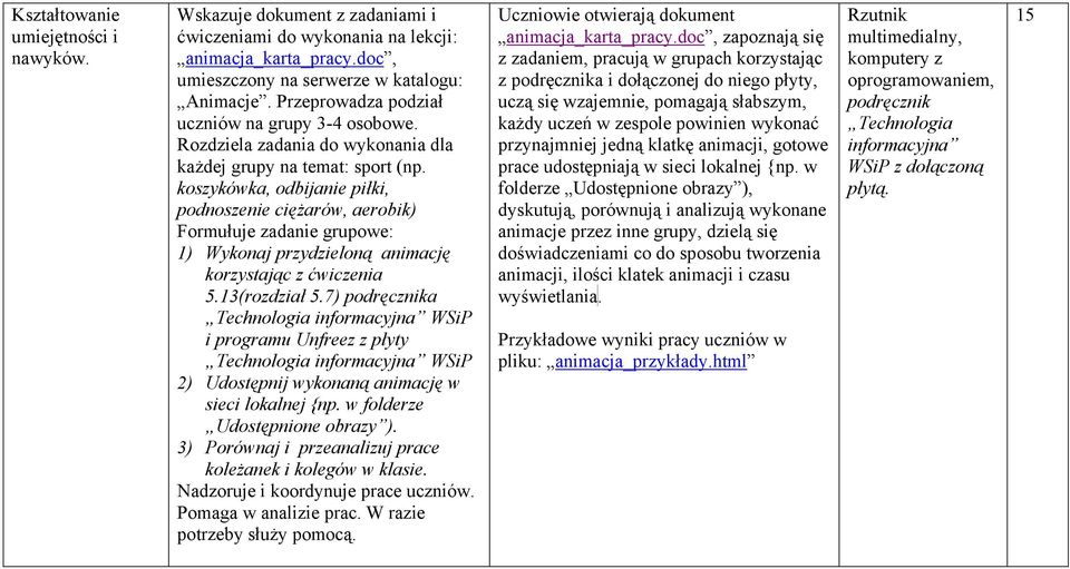 koszykówka, odbijanie piłki, podnoszenie ciężarów, aerobik) Formułuje zadanie grupowe: 1) Wykonaj przydzieloną animację korzystając z ćwiczenia 5.13(rozdział 5.