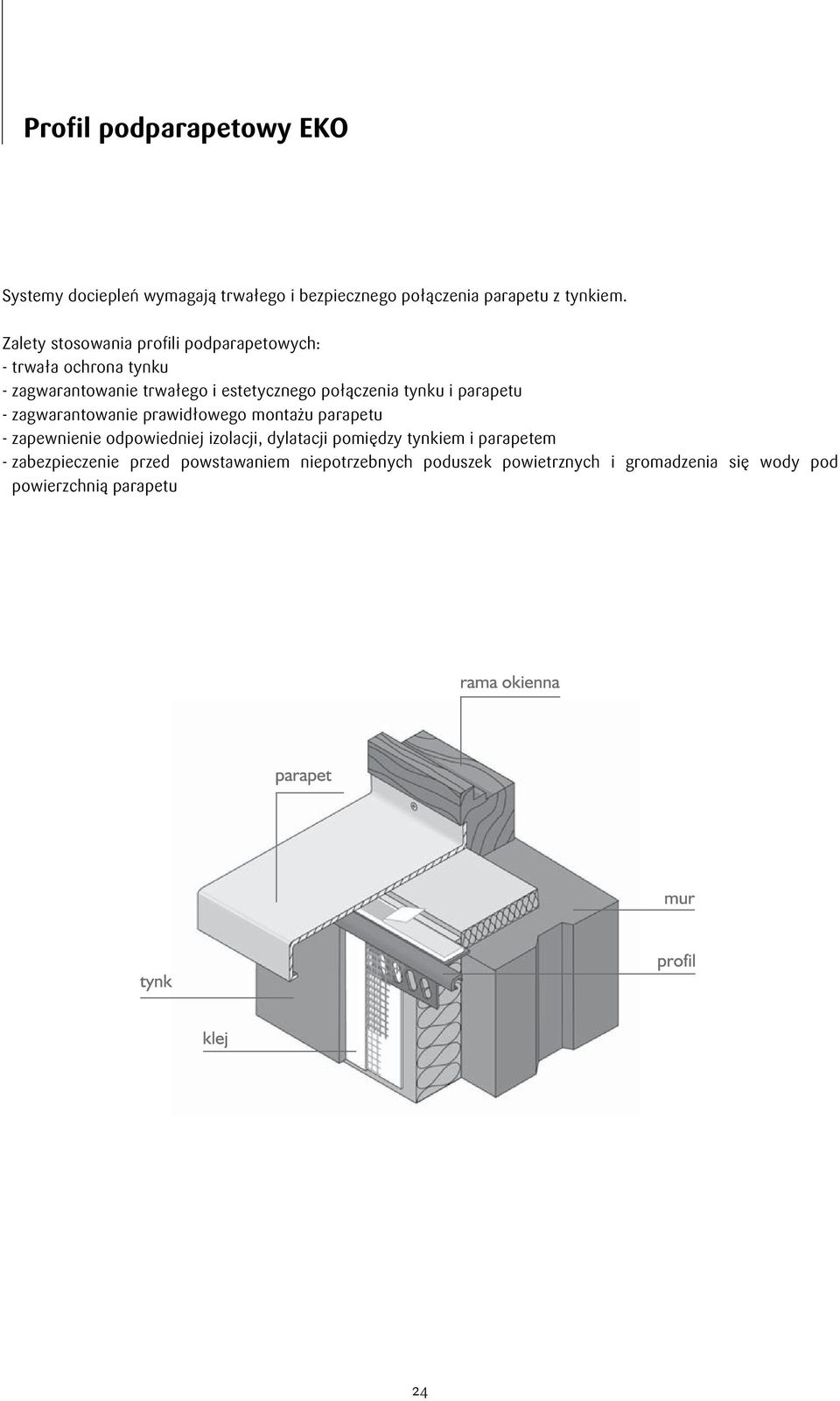 tynku i parapetu - zagwarantowanie prawidłowego montażu parapetu - zapewnienie odpowiedniej izolacji, dylatacji pomiędzy