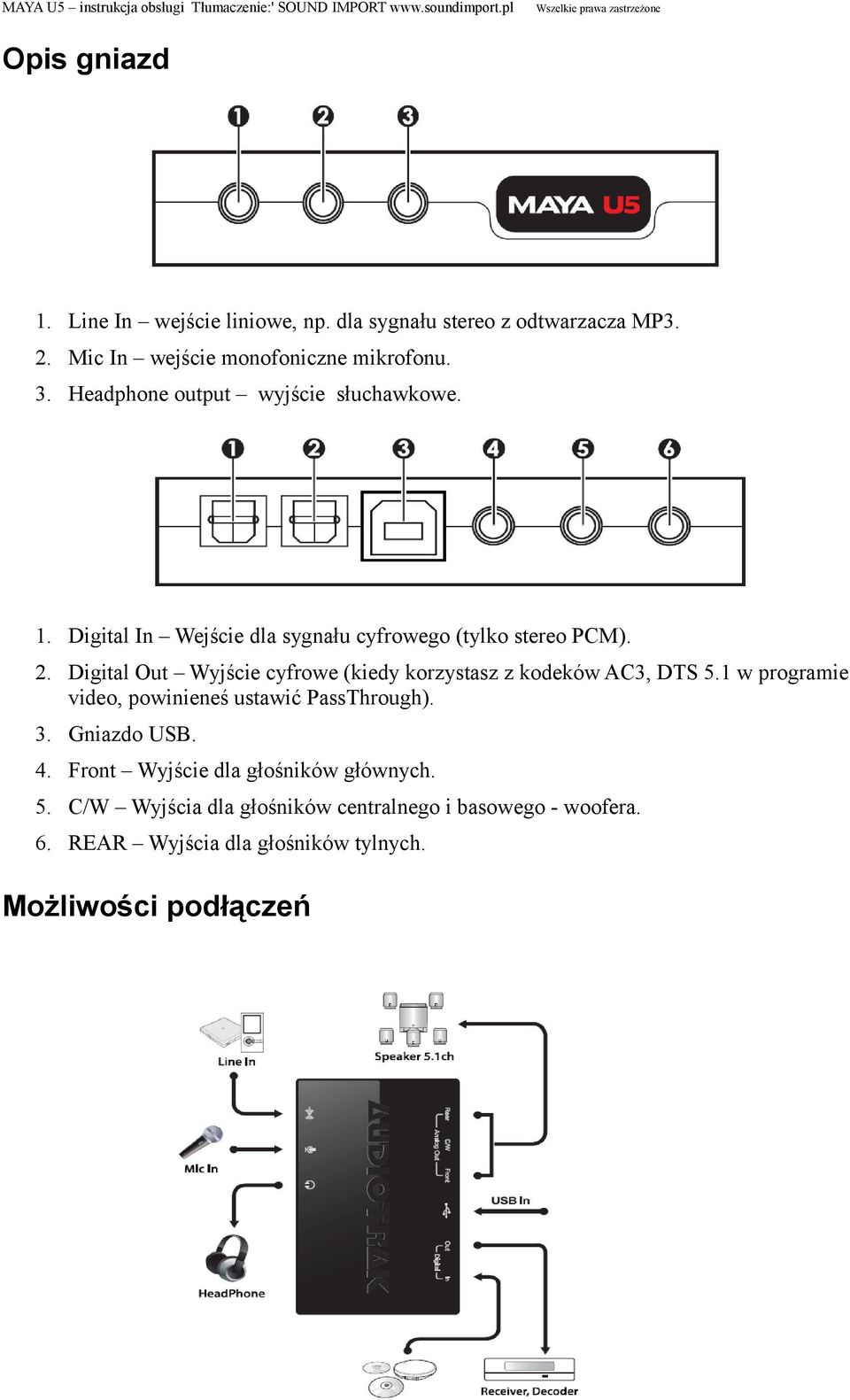 Digital Out Wyjście cyfrowe (kiedy korzystasz z kodeków AC3, DTS 5.1 w programie video, powinieneś ustawić PassThrough). 3.